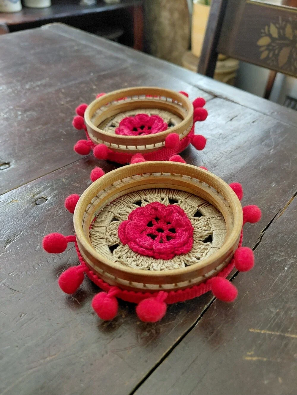 Vintage 70s unique groovy tan wood & red floral boho woven macrame wall art pair